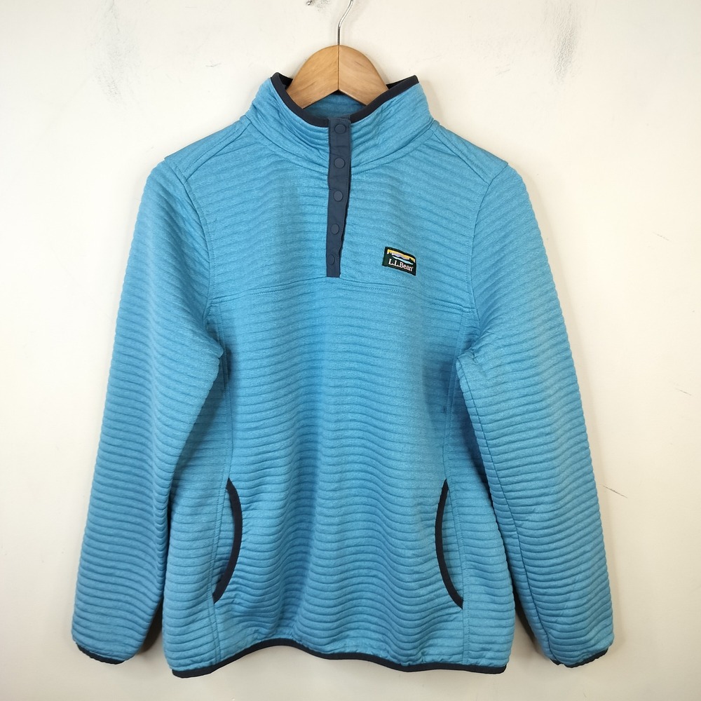 LL Bean Airlight Knit Pullover Quilted Medium Snap Mock Neck Outdoor Blue